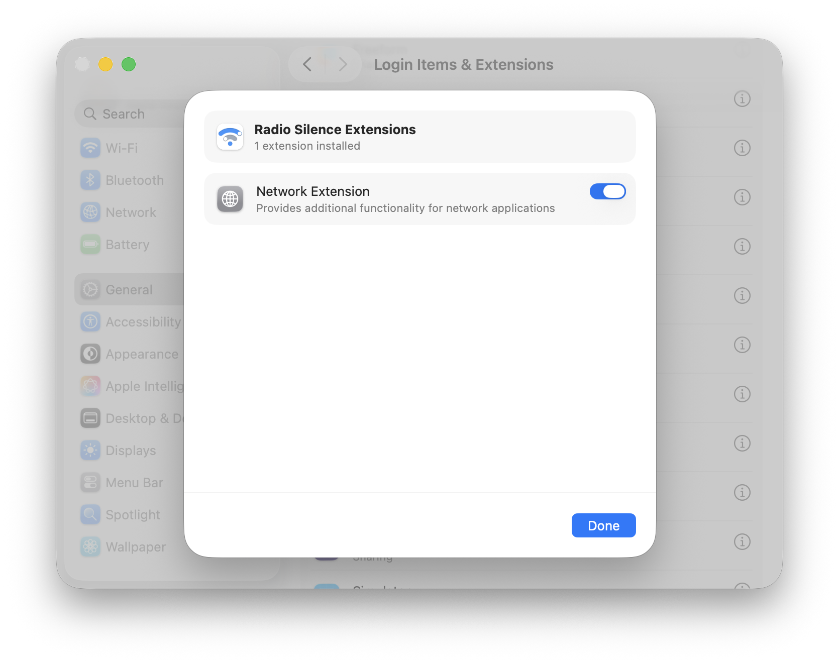 Radio Silence's extension toggle