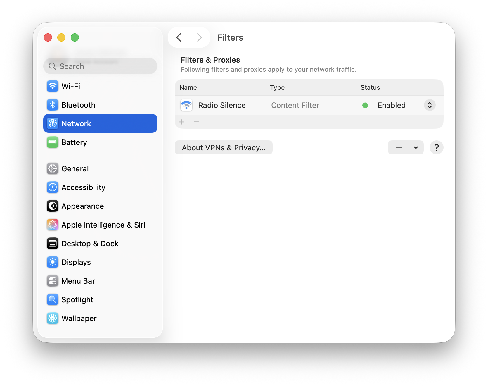 Radio Silence's filter status